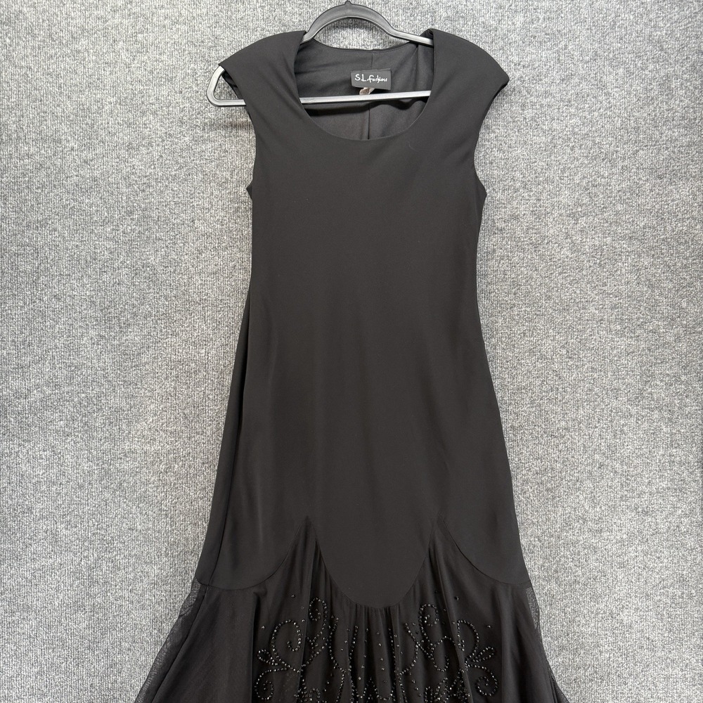 SL Fashions Dress Womens 6 Black Fit Flare Beaded Mesh Formal Old Money Event